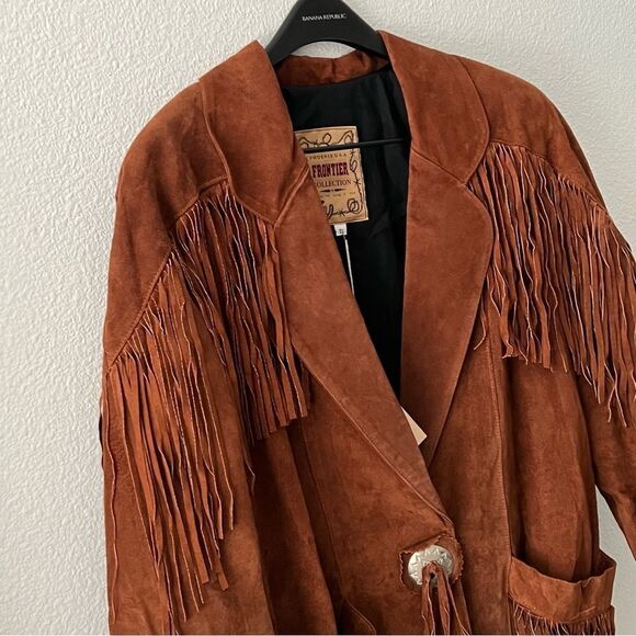 NWT VTG Leather Frontier Collection Western Boho Fringe Concho Brown 80’s Coat L - Picture 8 of 16